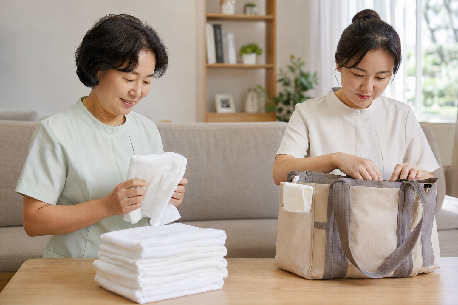 방문목욕 준비물을 챙기는 요양보호사